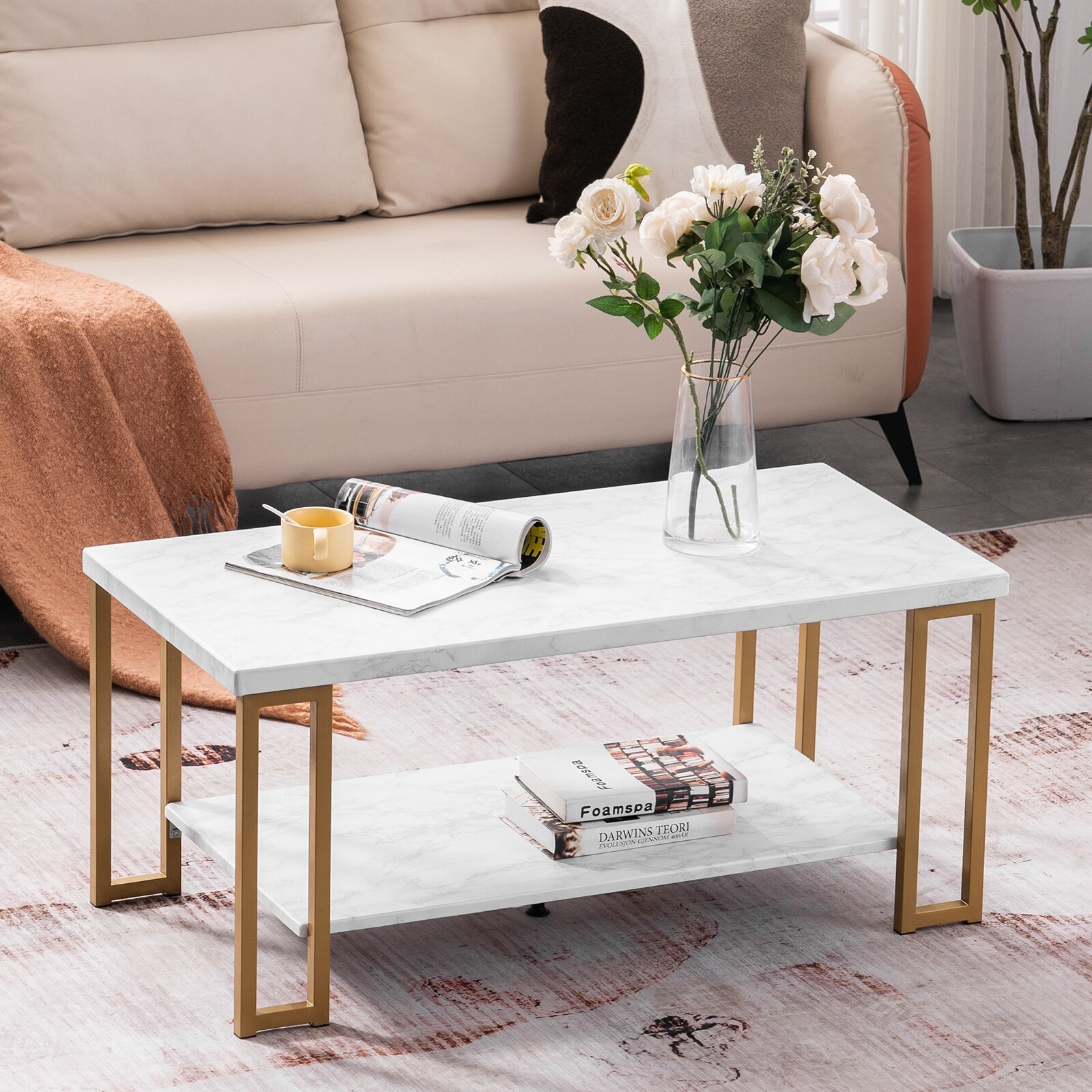 Simple Double-layer Golden Iron Pipe Marble PVC Coffee Table Rectangular - 39.73 x 20.08 x 18.11