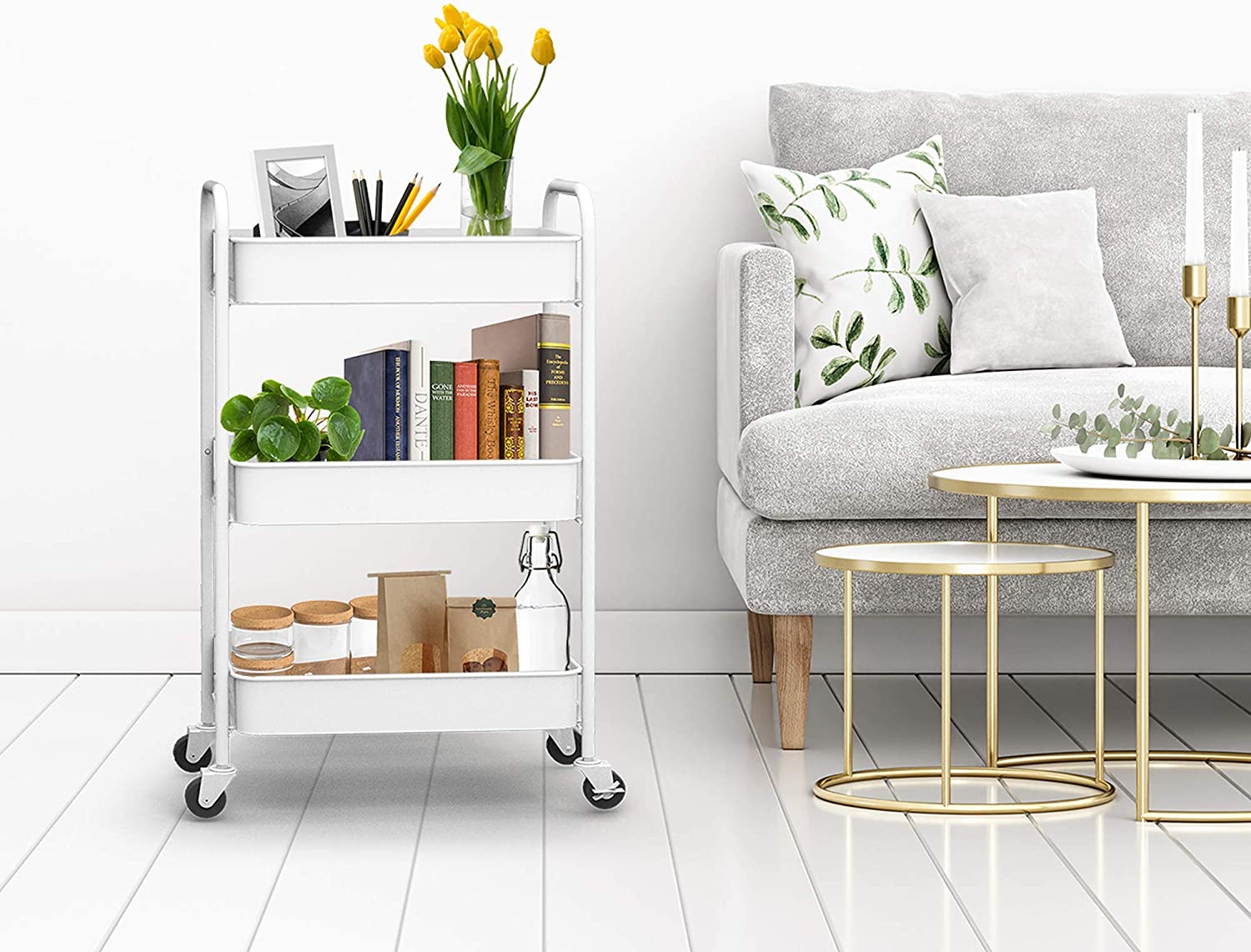 CAXXA 3-Tier Rolling Metal Storage Organizer - Mobile Utility Cart Kitchen Cart with Caster Wheels， White