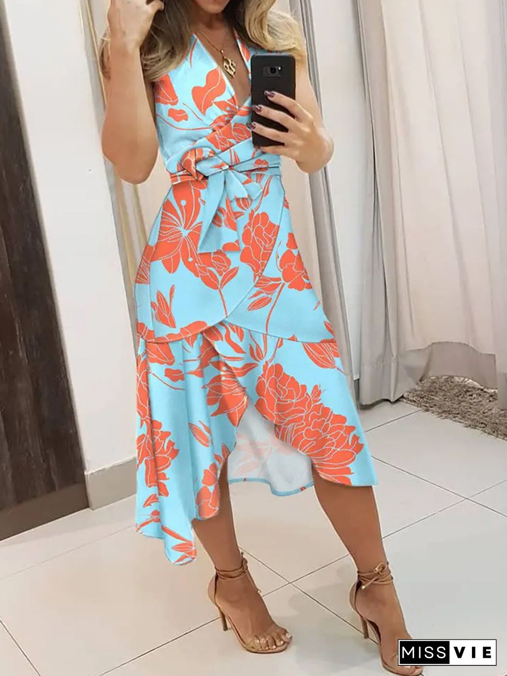 Sexy Sleeveless V-Neck Office Commuter Dress New Summer Retro Ruffle Midi Dress Women Printed Pattern Tie Waist Asymmetric Dress