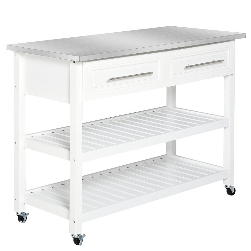 HOMCOM Stainless Steel Top Kitchen Island Rolling Utility Trolley Cart with Stainless Steel Top   White