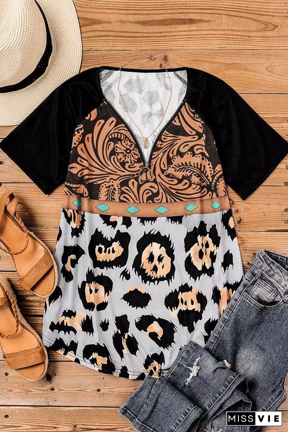 Leopard Pattern Patchwork Zip-up V Neck Short Sleeve T-shirt