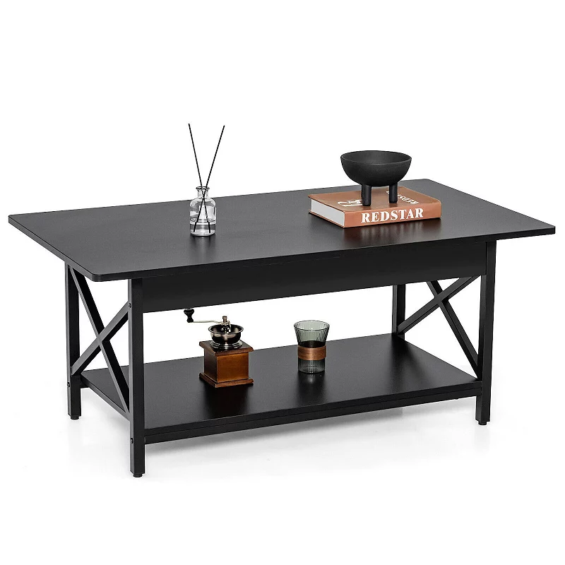 2-Tier Industrial Rectangular Coffee Table with Storage Shelf