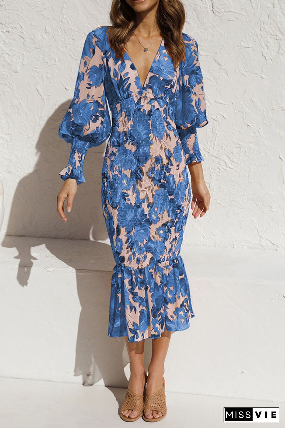 Deep V Neck Floral Print Balloon Sleeve Slim Dress