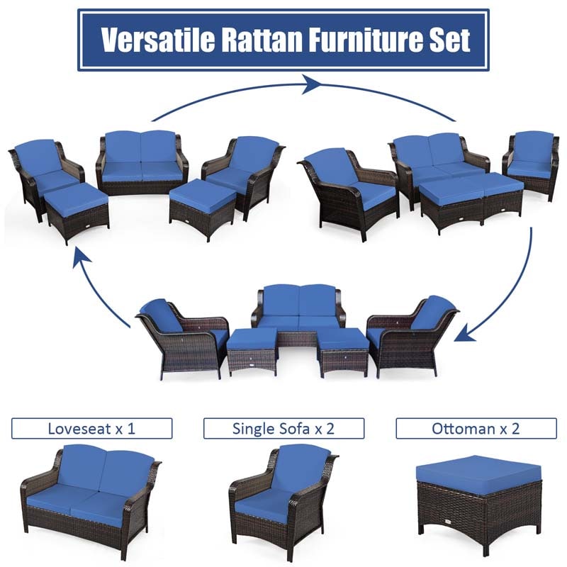 5 Pcs Rattan Wicker Patio Furniture Set with Loveseat, Single Sofas & Ottomans, Outdoor Conversation Sets