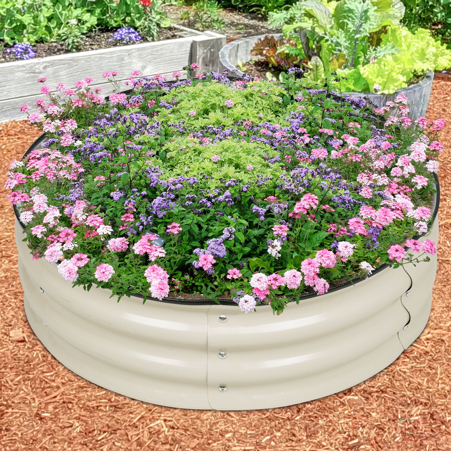 Aoodor 9'' Tall Aluzinc Metal Raised Garden Bed 30'' Round, Outdoor Garden Planter Box Beige Set of 2