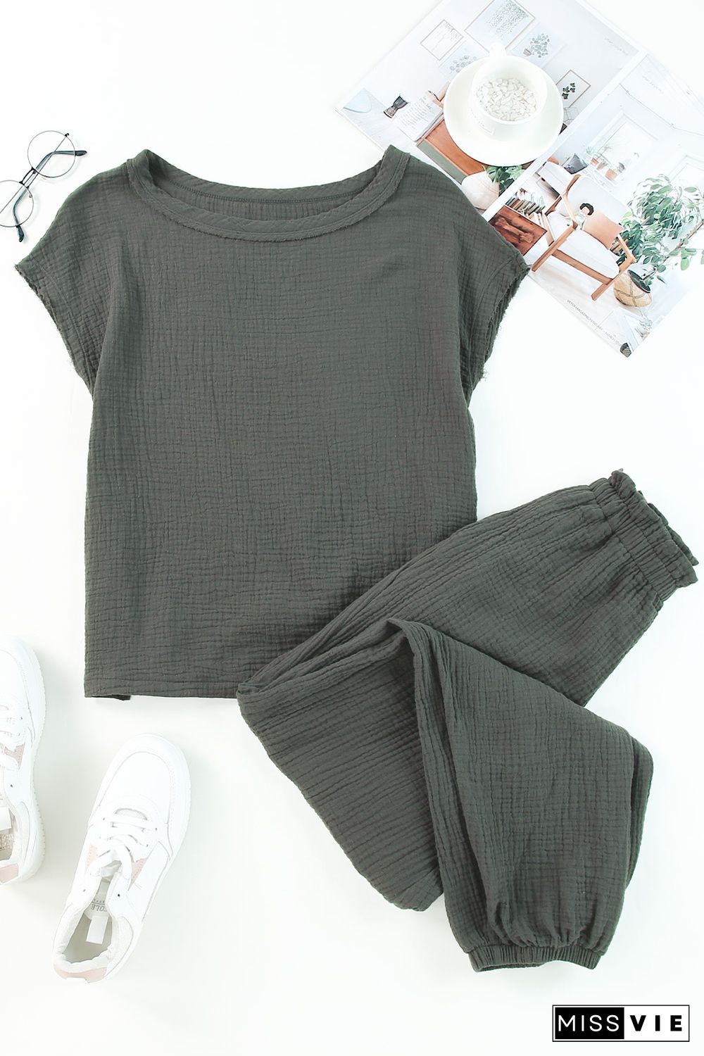 Gray Crinkled Texture Tee and Jogger Pants Set