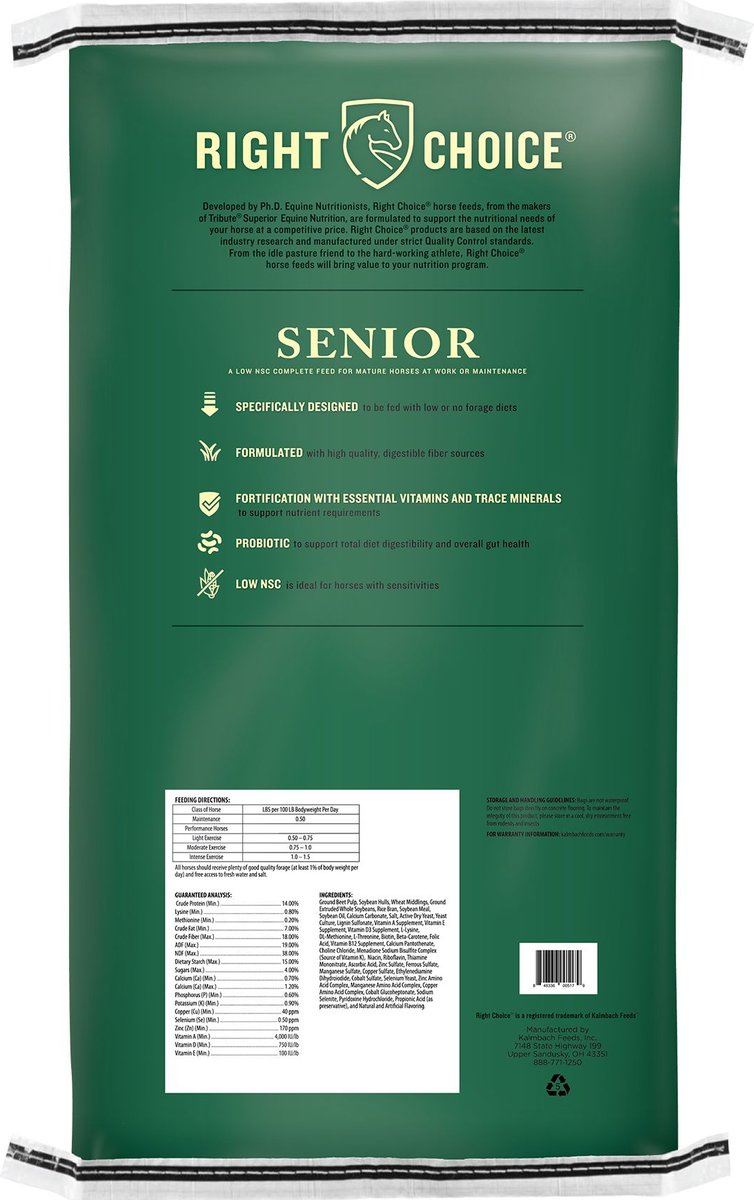 Right Choice Senior Pellet Horse Feed， 50-lb bag