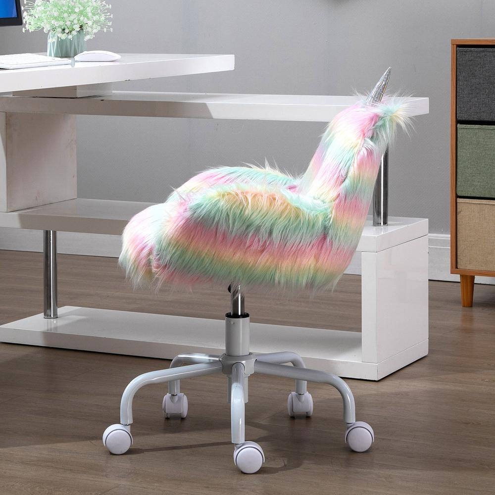 HOMCOM Rainbow color Faux Fur Unicorn Office Chair with Mid-Back and Armrest Support 833-940