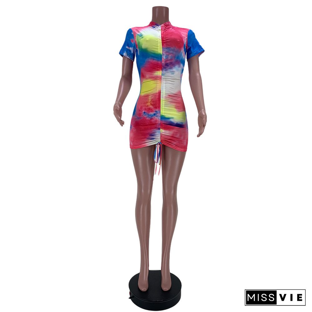 Tie Dye Print Short Sleeve Drawstring Bodycon Dress