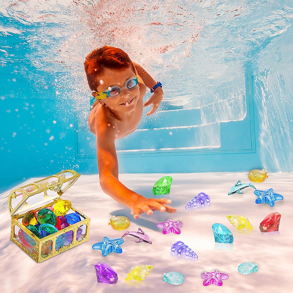 24pcs Diving Toy Set Baby Bath Tub Toys For Swimming Pool Bathtub Beach Marine Animal Toy Diamond Gem Toy With Pirate Box