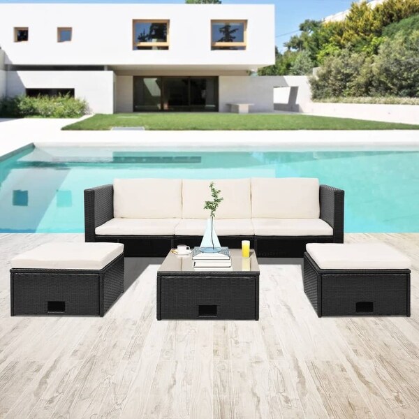 4 Piece Patio Lounge Set with Cushions Poly Rattan Black - Overstock - 37842844