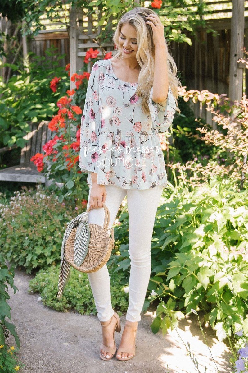 Chiffon Floral Peplum Bell Sleeve Top