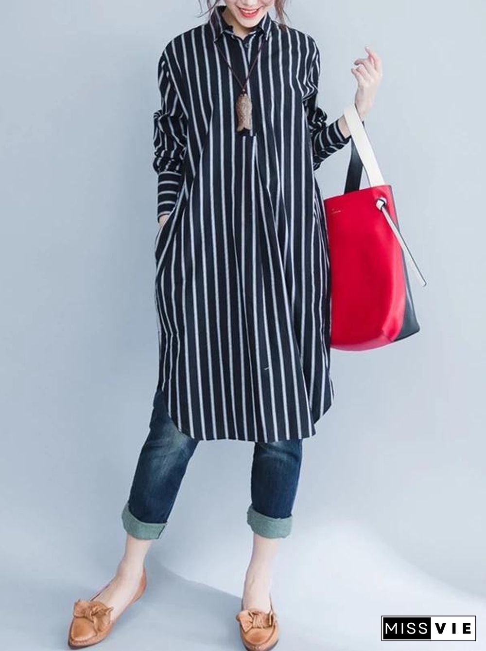 Italian black striped Cotton clothes lapel oversized shirt Dres