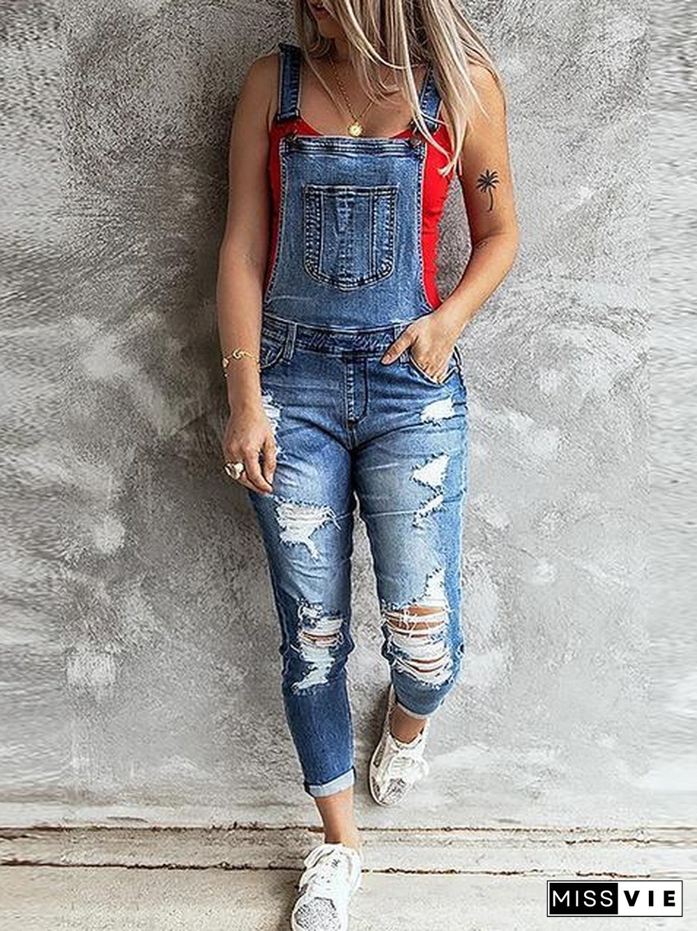 Solid Ripped Pocket Desgin Denim Jumpsuit