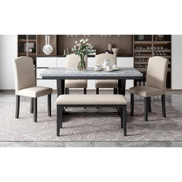 URTR 6-Piece Kitchen Table Set Wooden Marbled Veneers Dining Table with V-Shaped Legs and Cushioned Bench Seats 6 T-01241-K