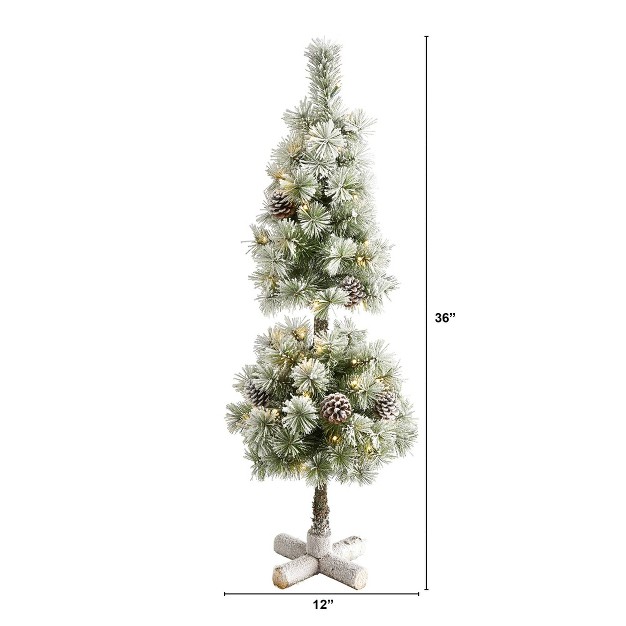 Nearly Natural 3-ft Flocked Artificial Christmas Tree Topiary With 50 Warm White Led Lights And Pine Cones