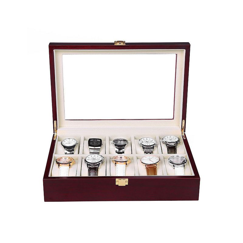 10 Slots Watch Box Cherry Watch Display Case Storage Organizer Large Glass Top