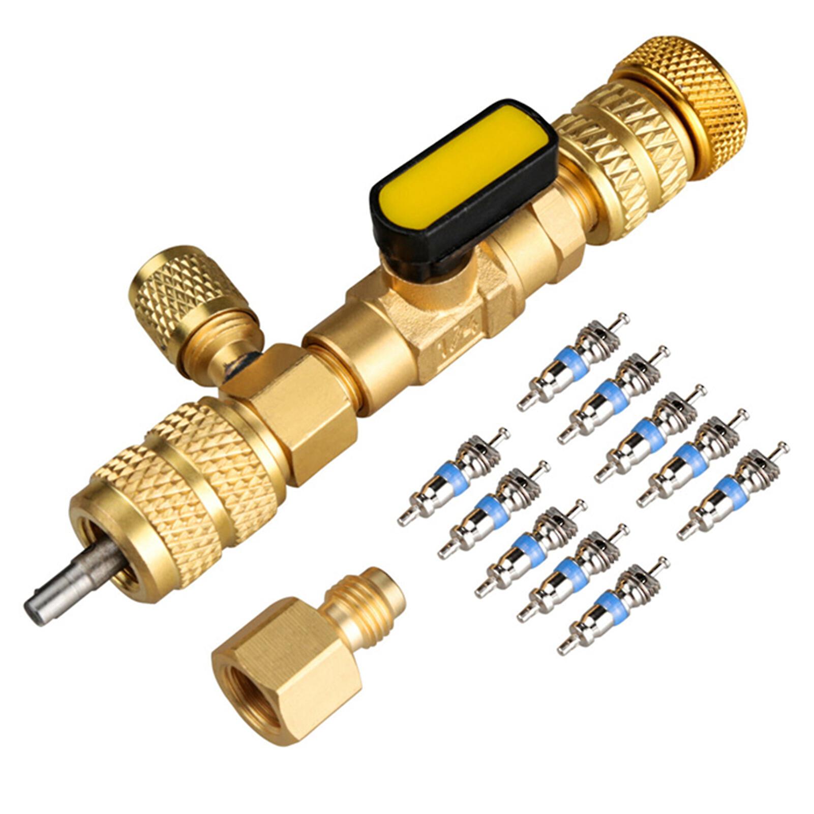 Gold Hvac Valve Core Remover Installation Tool Dual 1/4'' And 5/16'' Port With 10 Cores