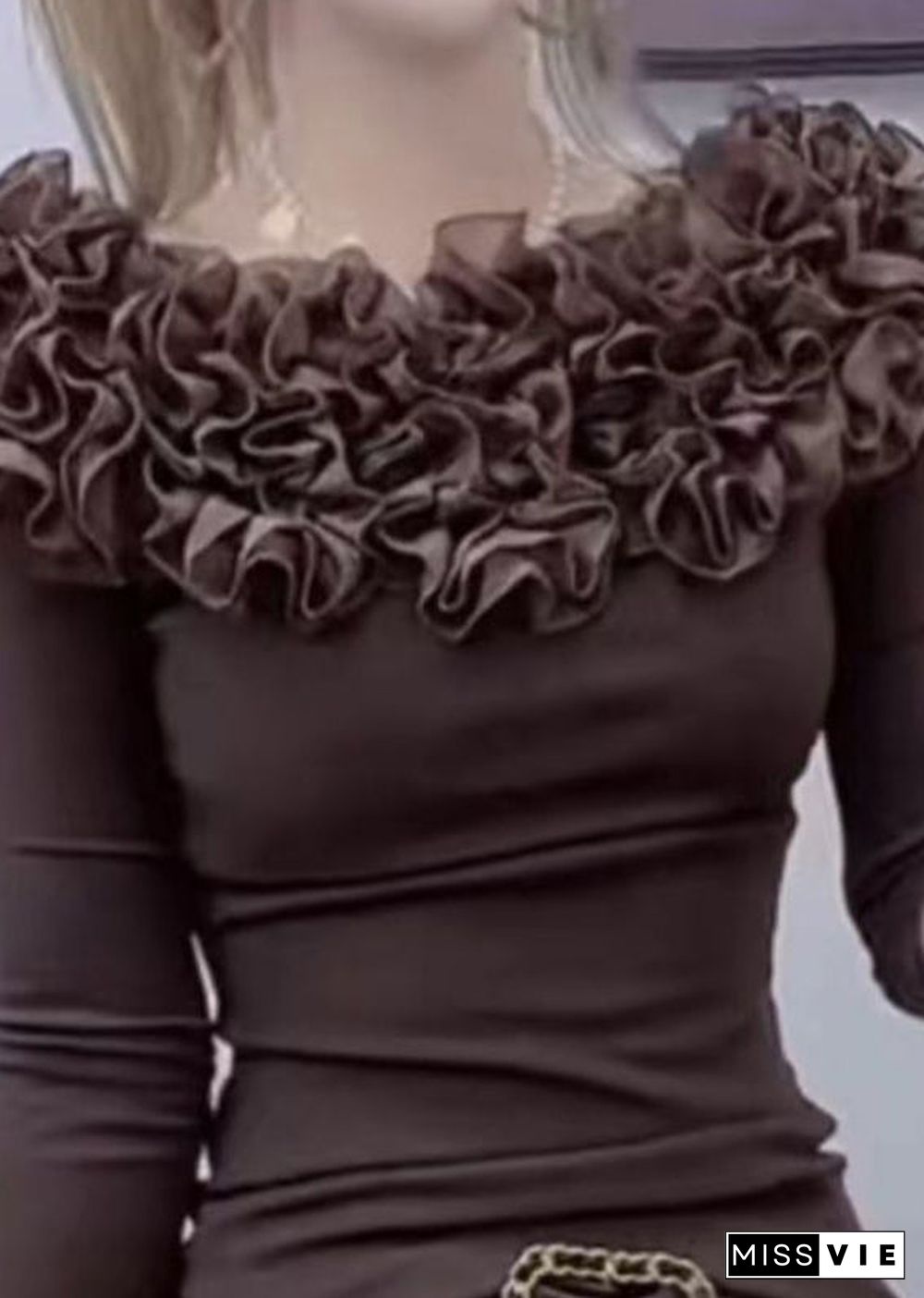 Fitted Chocolate Slash Neck Ruffled Top Bottoming Shirt