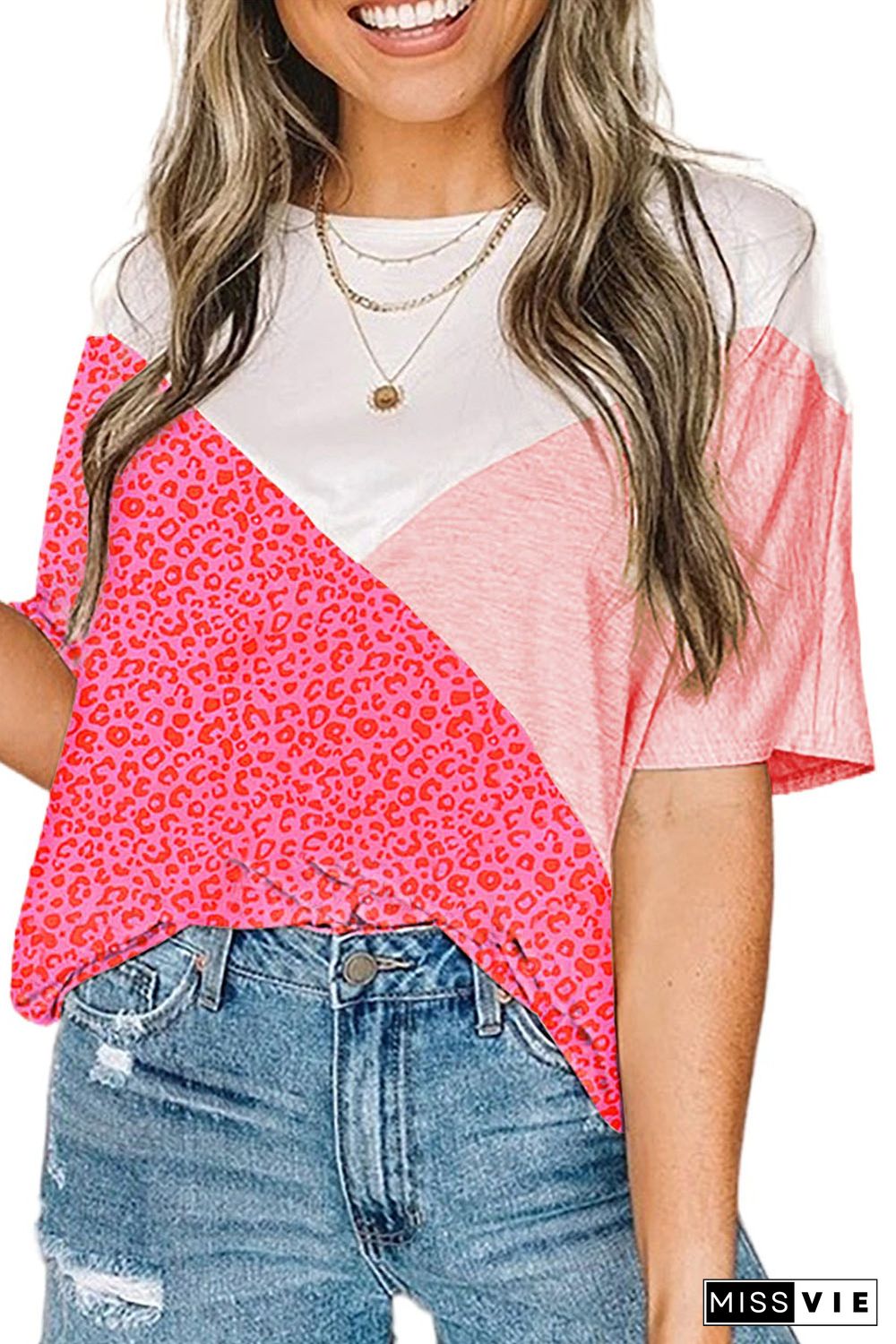 Pink Loose Colorblock Leopard T-shirt