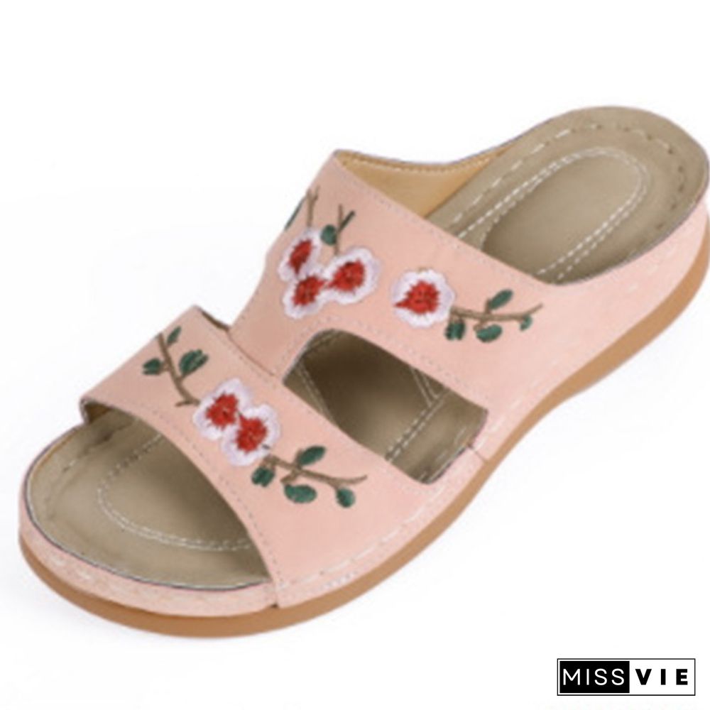 Sandals Comfortable Platform Soft Women Casual Slippers Embroider Flower Colorful Ethnic Flat Open Toe Outdoor Beach Shoes