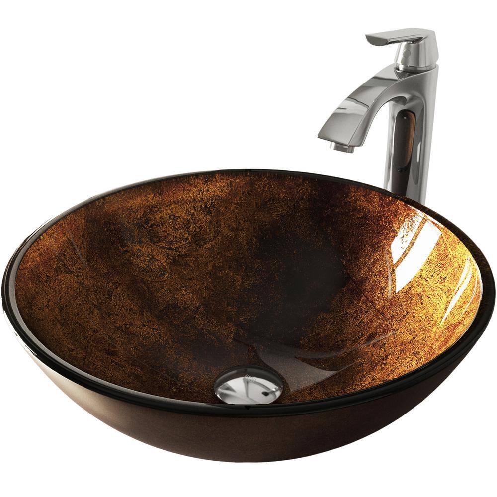 VIGO Glass Round Vessel Bathroom Sink in Russet Brown with Linus Faucet and Pop-Up Drain in Chrome VGT110