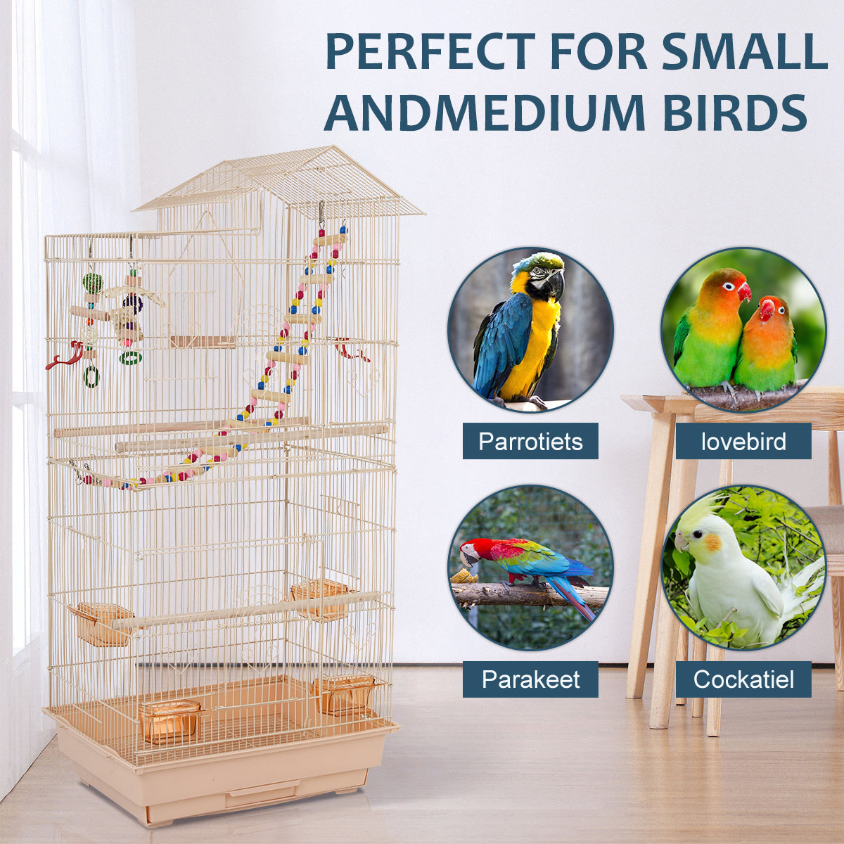 Dkelincs 39 Inch Big Birdcage Study Parakeet Cage Aviary with Accessories Roof Top Flight Parrot Cage with Ladder and Swing for Parakeet， Cockatiels， Parrots， Almond