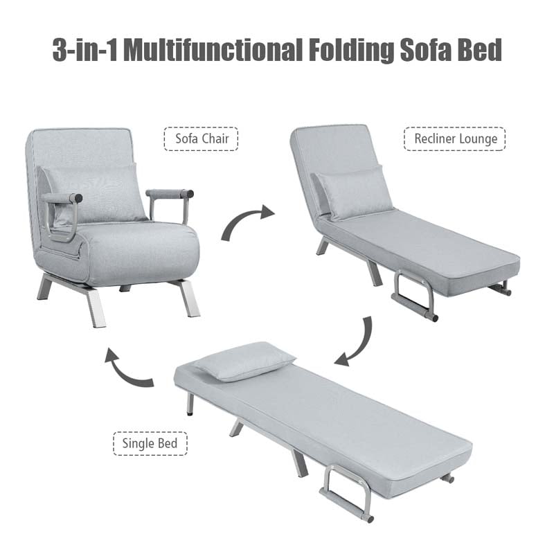 Folding Convertible Sofa Bed Sleeper Chair w/Pillow, 5-Position Armchair Chaise Lounge Couch