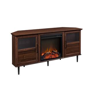 Welwick Designs 54 in. Dark Walnut Wood Electric Fireplace Corner TV Stand Fits TVs up to 60 in. with Split-Glass Doors HD9303