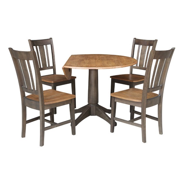 Round Dual Drop Leaf Dining Table With 4 Splat Back Chairs Hickory washed Coal International Concepts