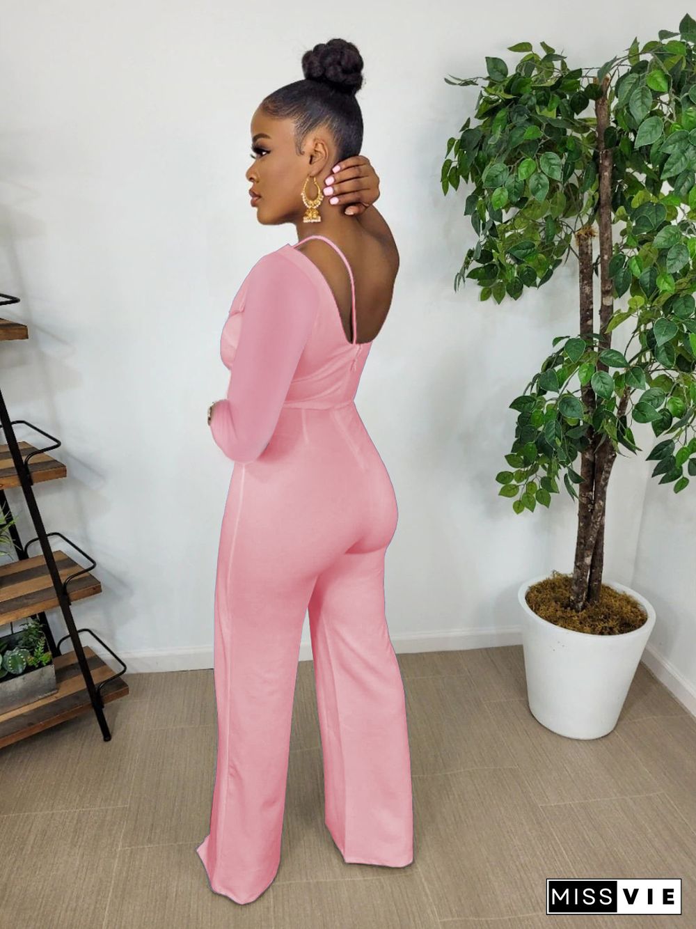 Elegant One Shoulder Long Sleeve Straight Jumpsuit