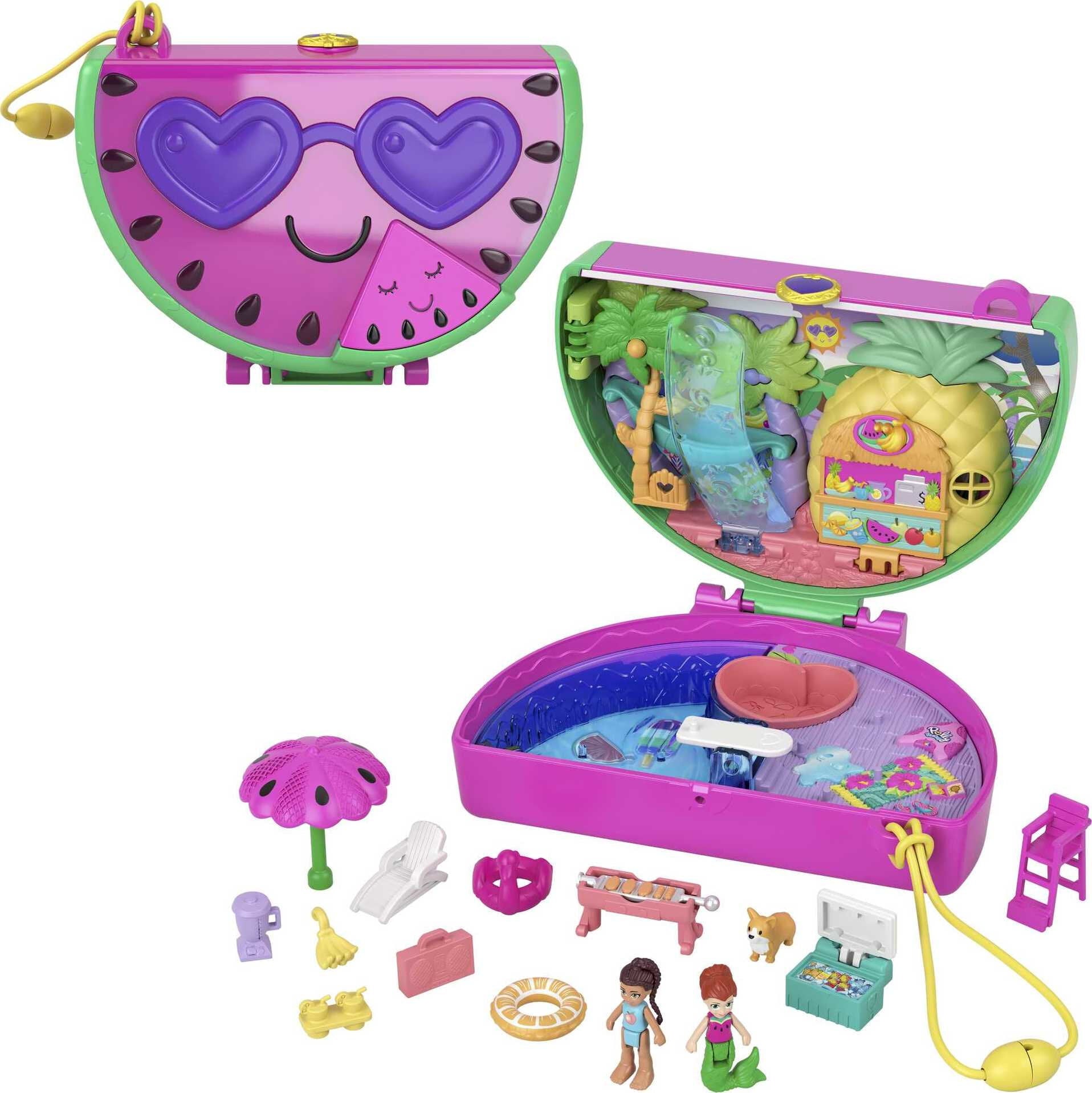 Polly Pocket Watermelon Pool Party Compact Playset with 2 Micro Dolls and Accessories, Travel Toys