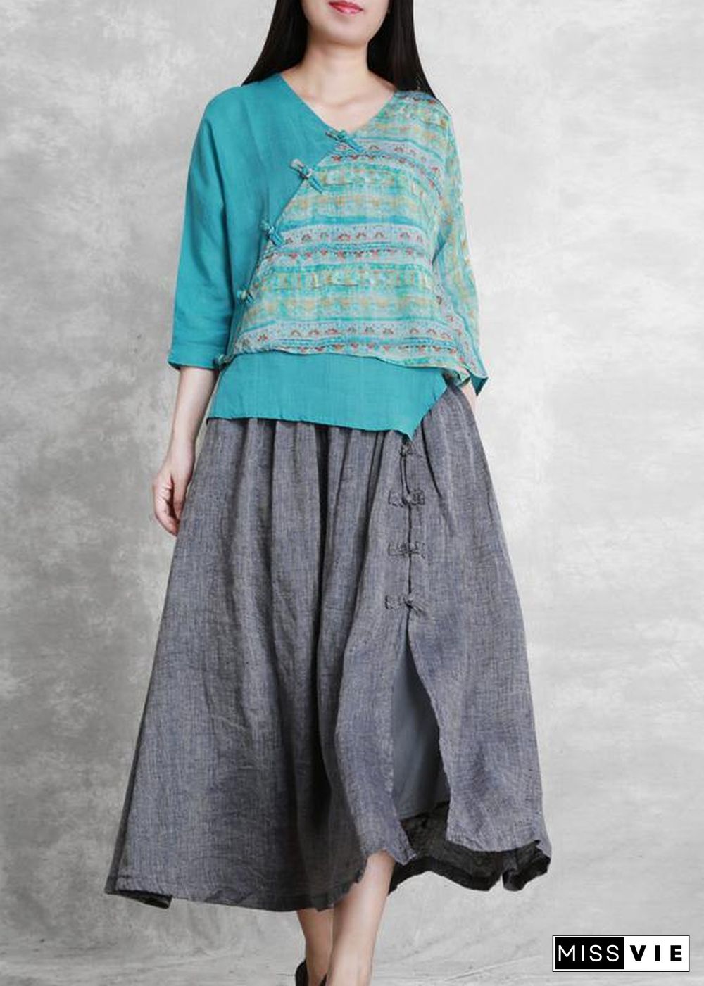 French Grey Elastic Waist Oriental Summer Linen Skirt