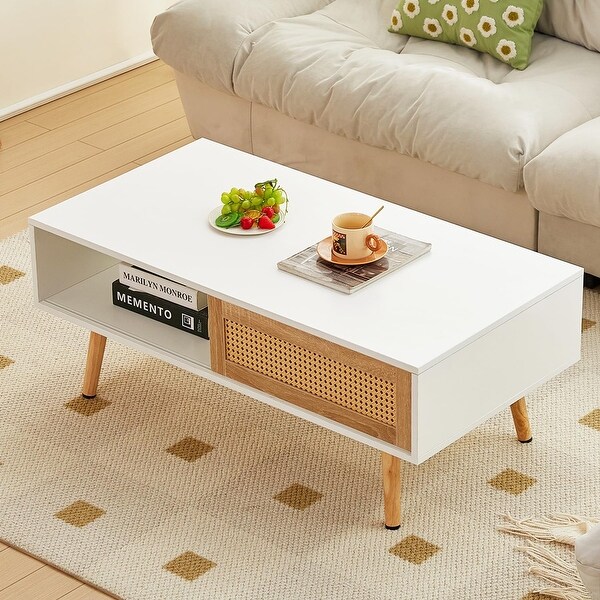 Mid Century Modern Coffee Table with Storage，41.3 Inch Rectangle Wooden Accent Center Tables.