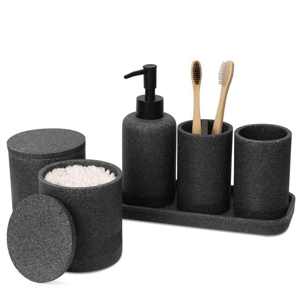 Dracelo 6-Piece Bathroom Accessory Set with Soap Dispenser Tray 2 Jars Bathroom Tumbler Toothbrush Holder in Black B09M7WY8F9