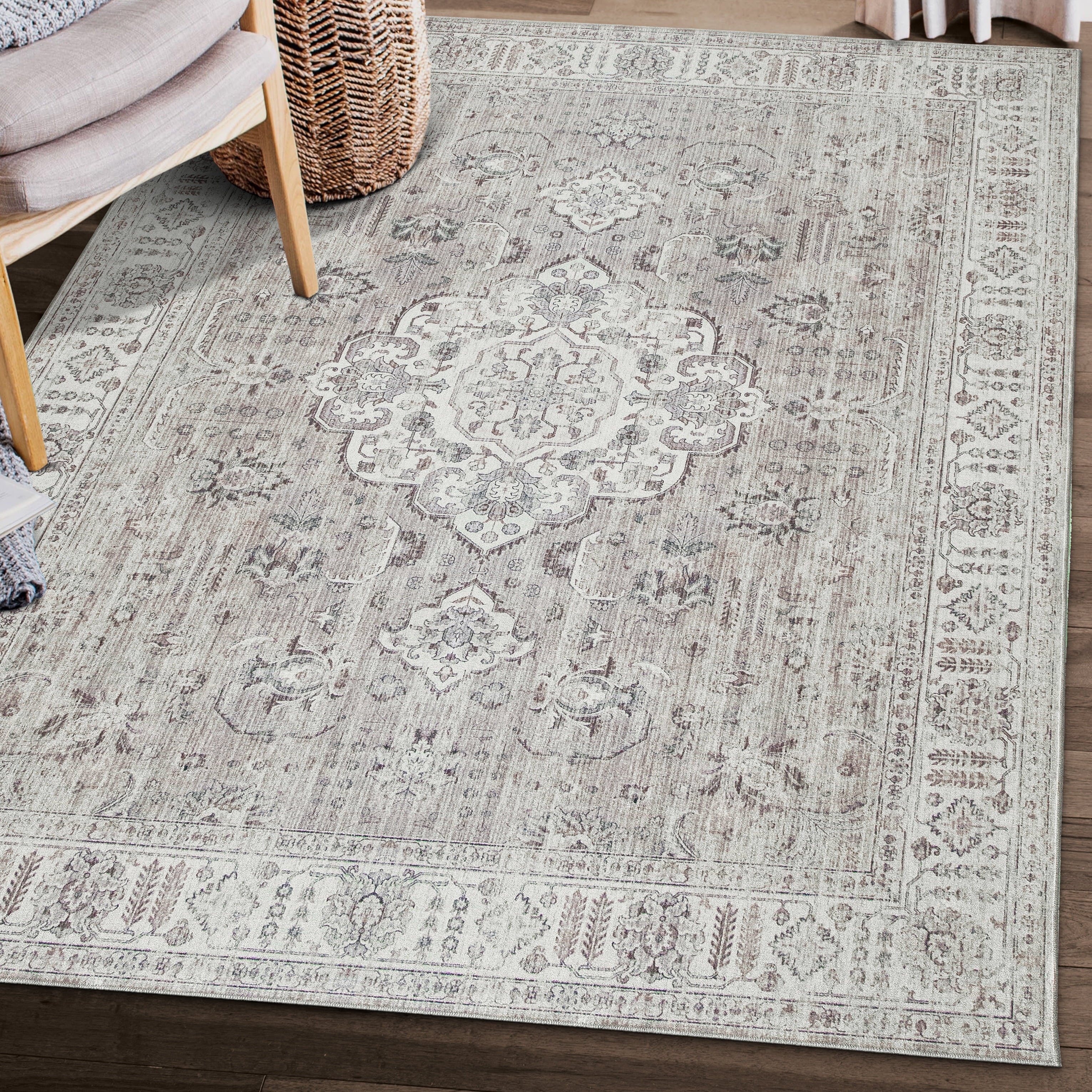 ReaLife Rugs Machine Washable Printed Persian Distressed Medallion Beige Eco-friendly Recycled Fiber Area Runner Rug (7'6