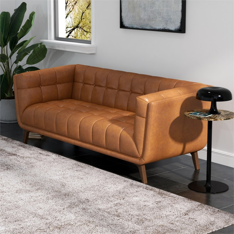 Pemberly Row Mid Century Aniline Leather Tufted Back Sofa in Tan   Transitional   Sofas   by Homesquare  Houzz