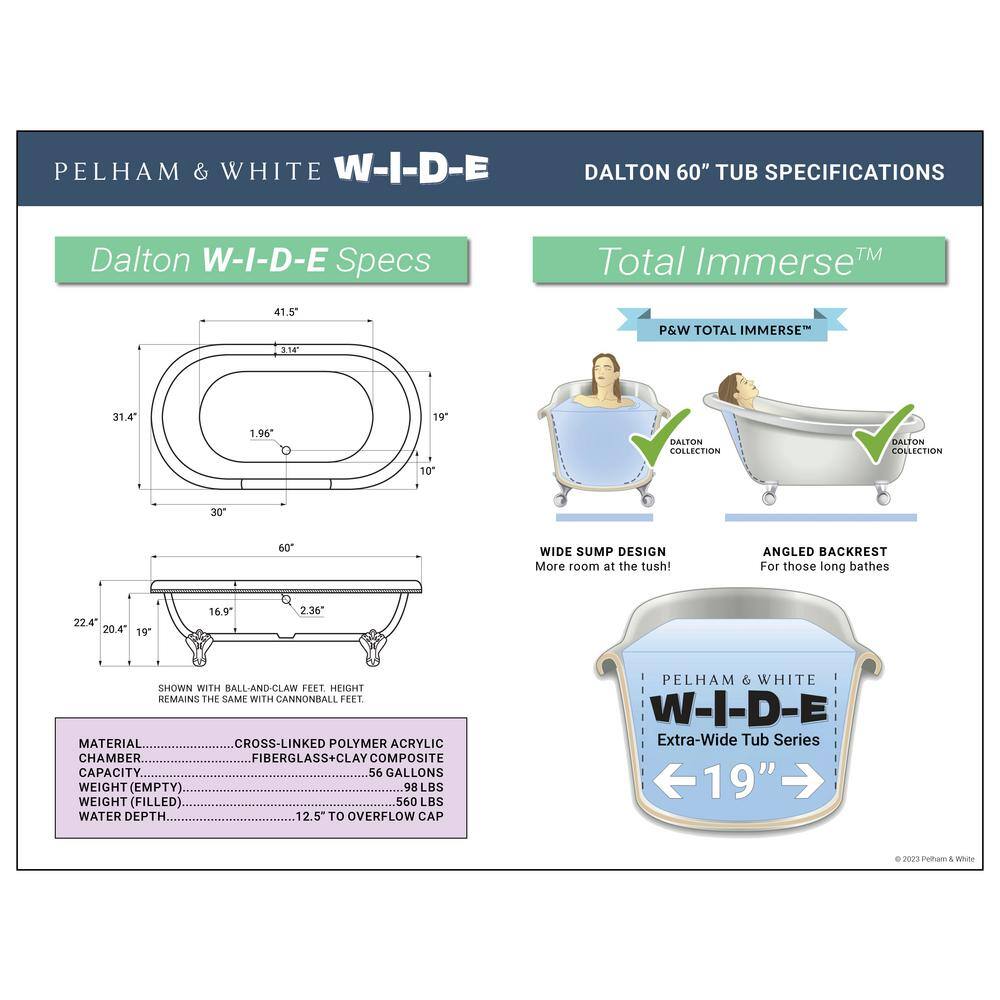 PELHAM  WHITE W-I-D-E Series Dalton 60 in. Acrylic Clawfoot Bathtub in White Ball-and-Claw Feet Drain in Polished Chrome PW82024-PC