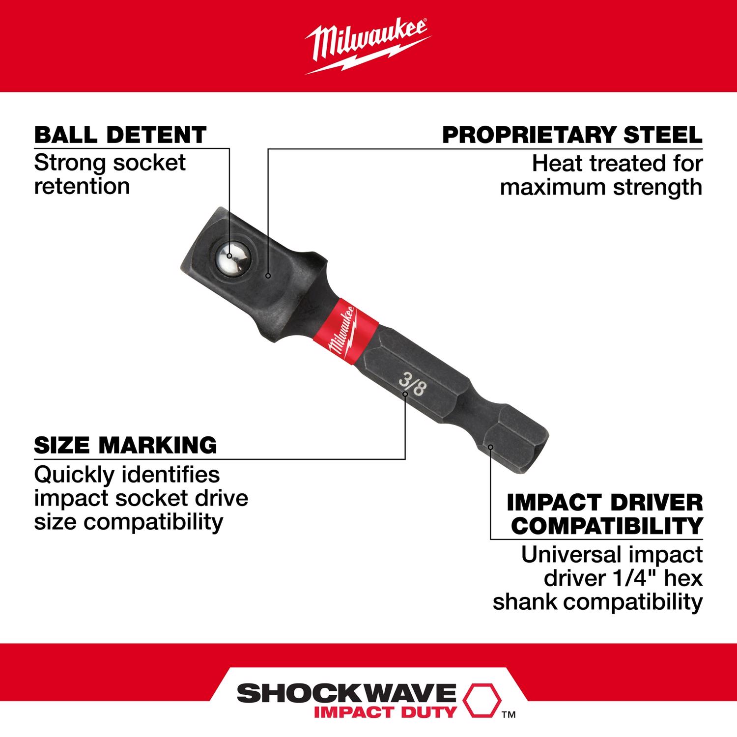 MW Shockwave Square 2 in. L Screwdriver Socket Adapter Steel 3 pc