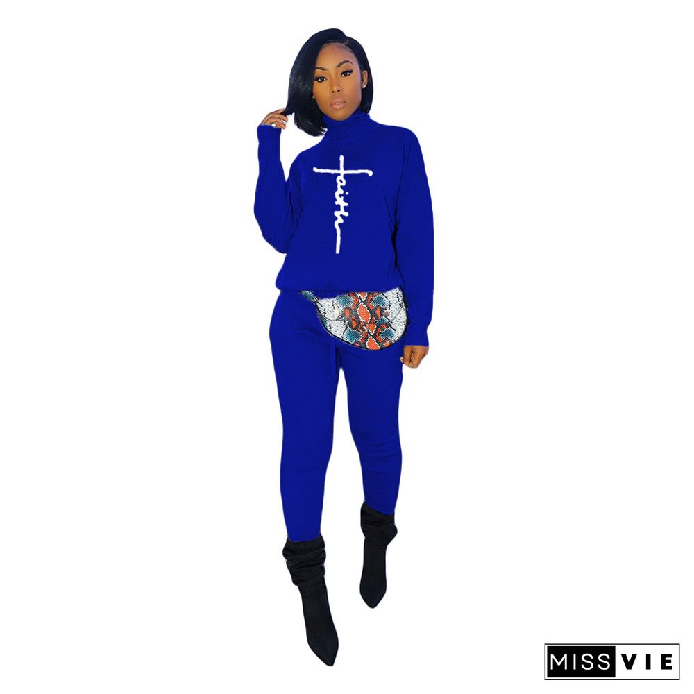 Faith Letter Turtleneck Long Sleeve T-shirt and Pants Suit