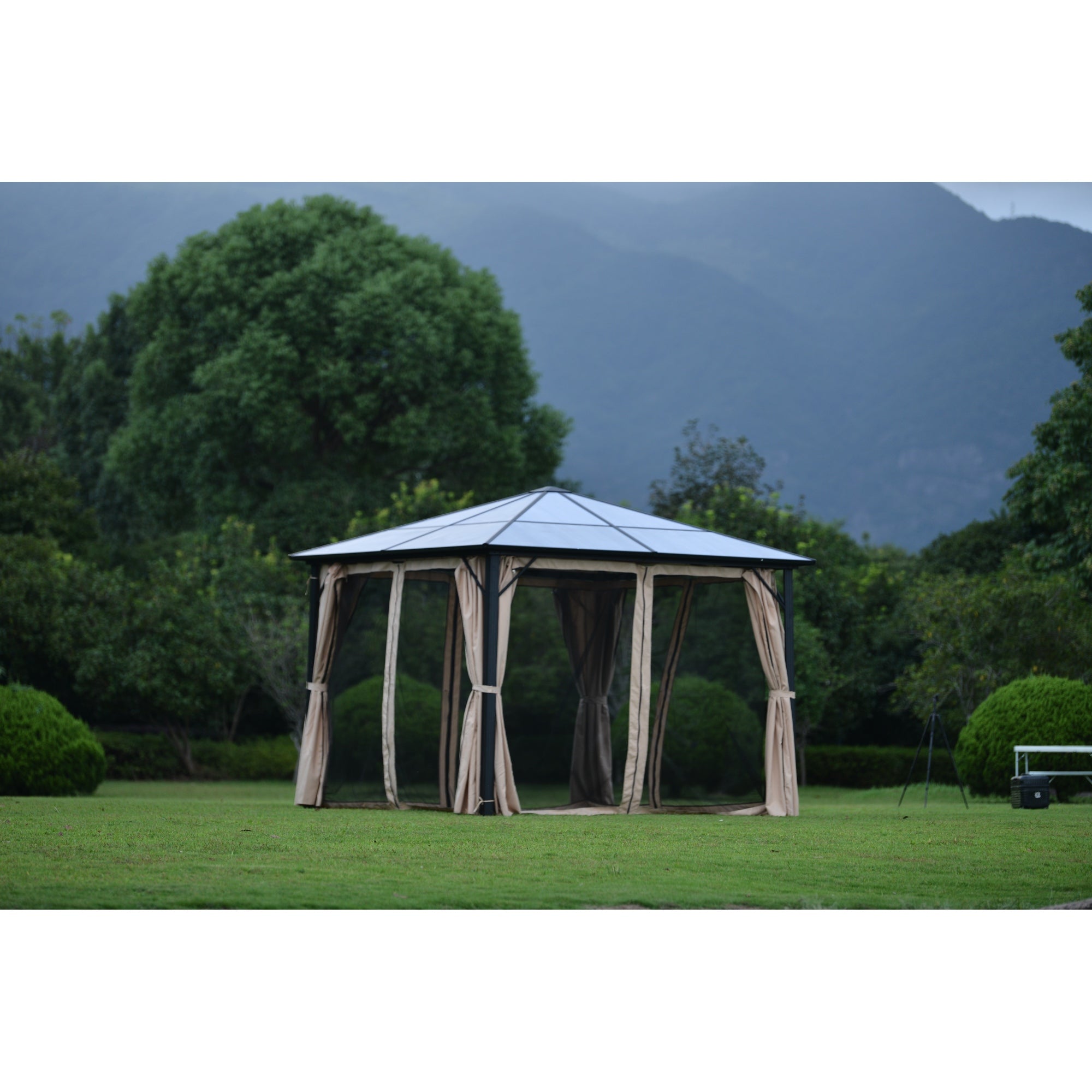 9.8 x 9.8 Ft Hardtop Gazebo with Sidewalls, Metal Top Gazebo with Aluminum Frame, Pergolas with Netting and Curtains, Outdoor Permanent Pavilion for Patio Deck Backyard Garden Lawns