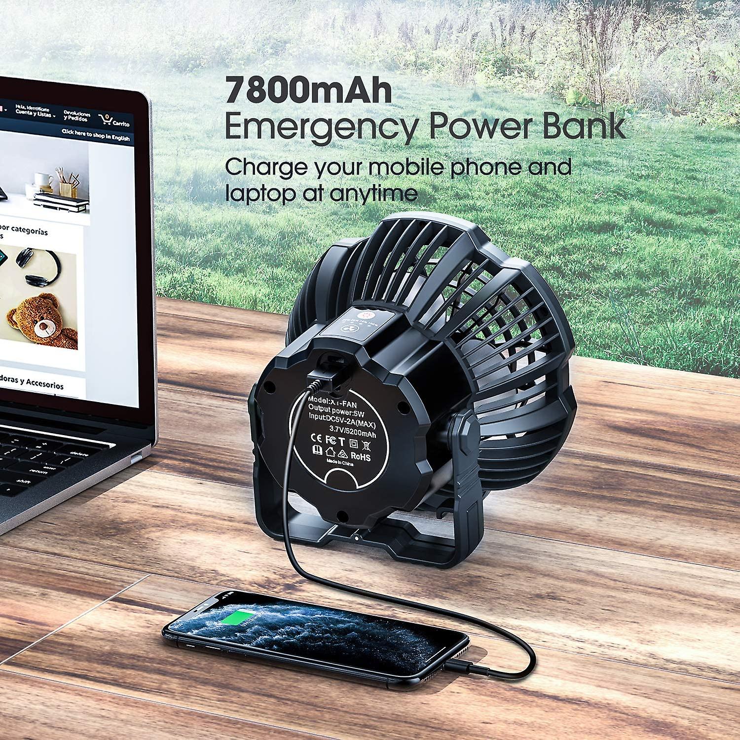 Camping Fan With Led Lantern， 7800 Mah Rechargeable Portable Tent Fan With Remote Control， Power Bank， 180 Head Rotation， Silent Usb Battery Operated