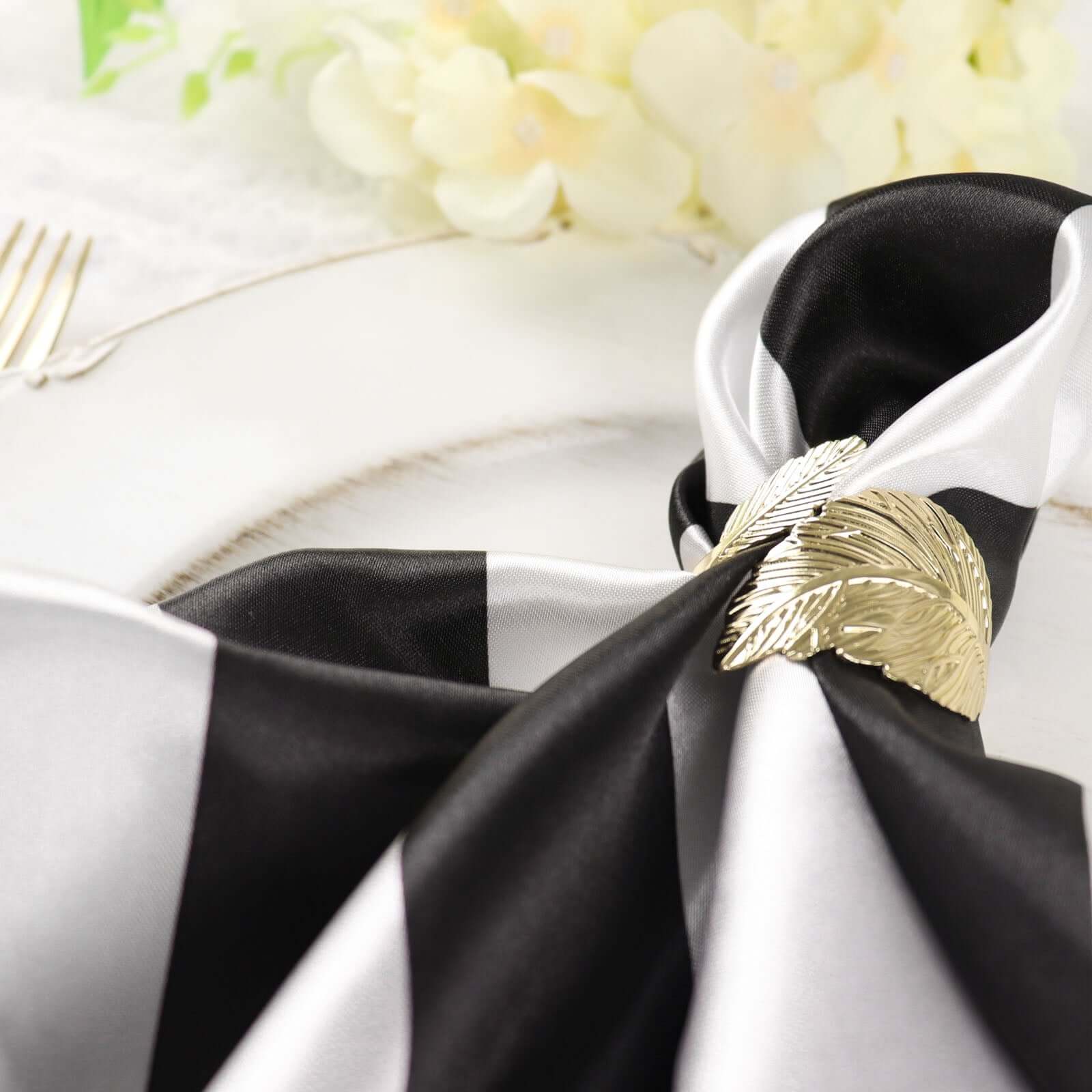 5 Pack Black and White Striped Satin Cloth Dinner Napkins 20