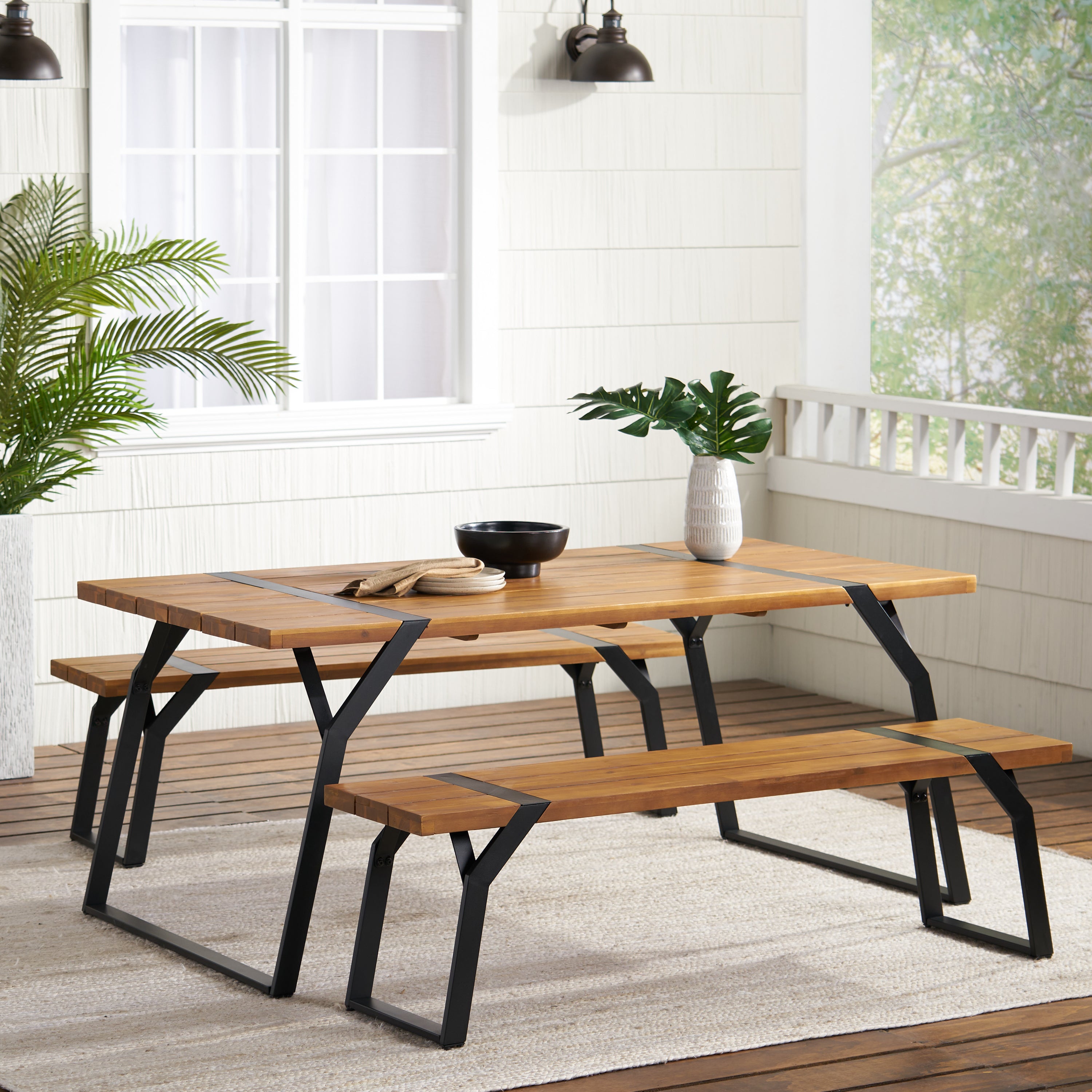 Pepple Outdoor Acacia Wood 3 Piece Picnic Dining Set, Teak and Black