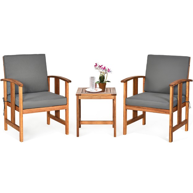 Costway 3pcs Solid Wood Patio Furniture Set Table amp chairs Grey Cushion