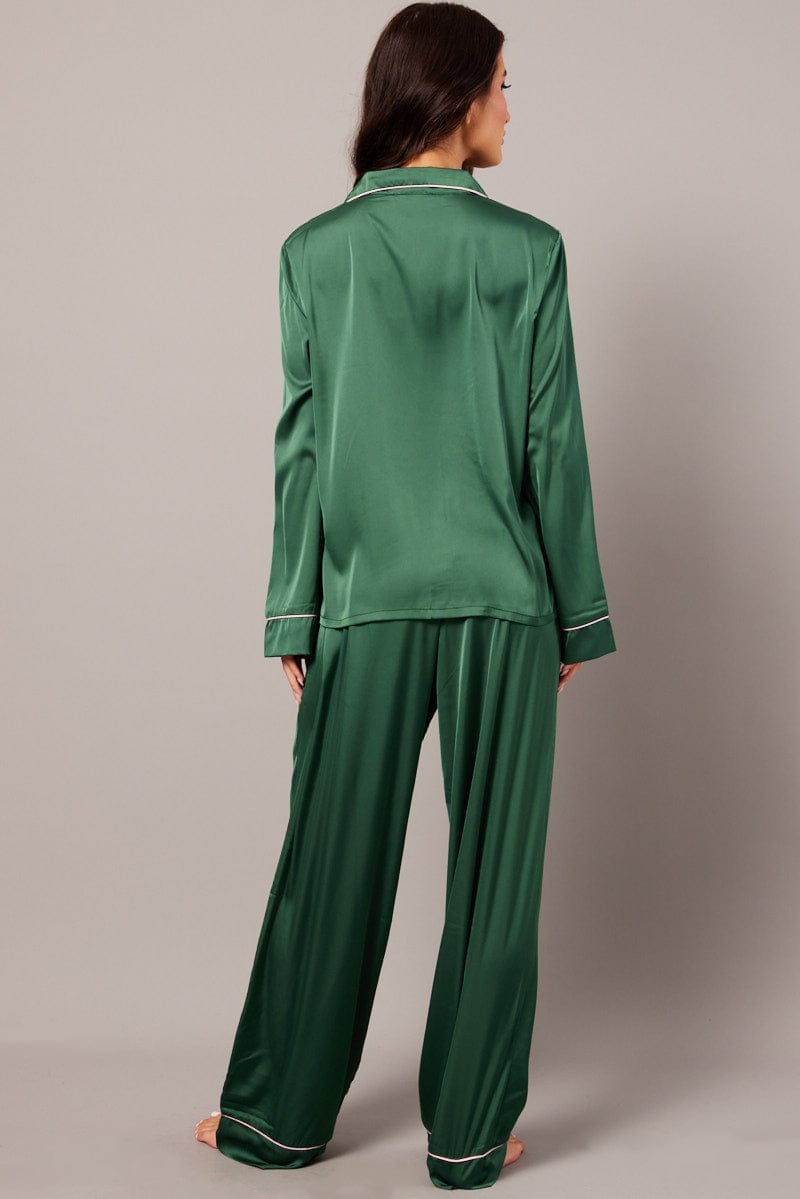 Green Satin Pyjama Contrast Piping Long Leg Pj Set