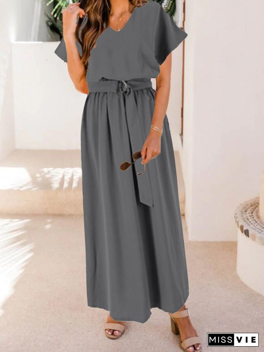 Women'S Dresses Loose Solid Belt Short Sleeve Dress