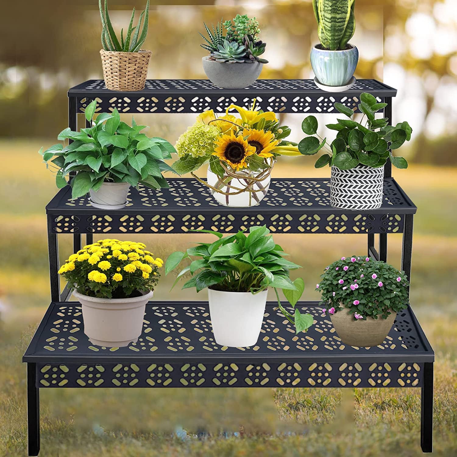 3 Tier Heavy Duty Metal Ladder Plant Stand, Garden Display Shelf Flower Pot Holder Storage for Indoor Home Outdoor Patio Balcony Yard