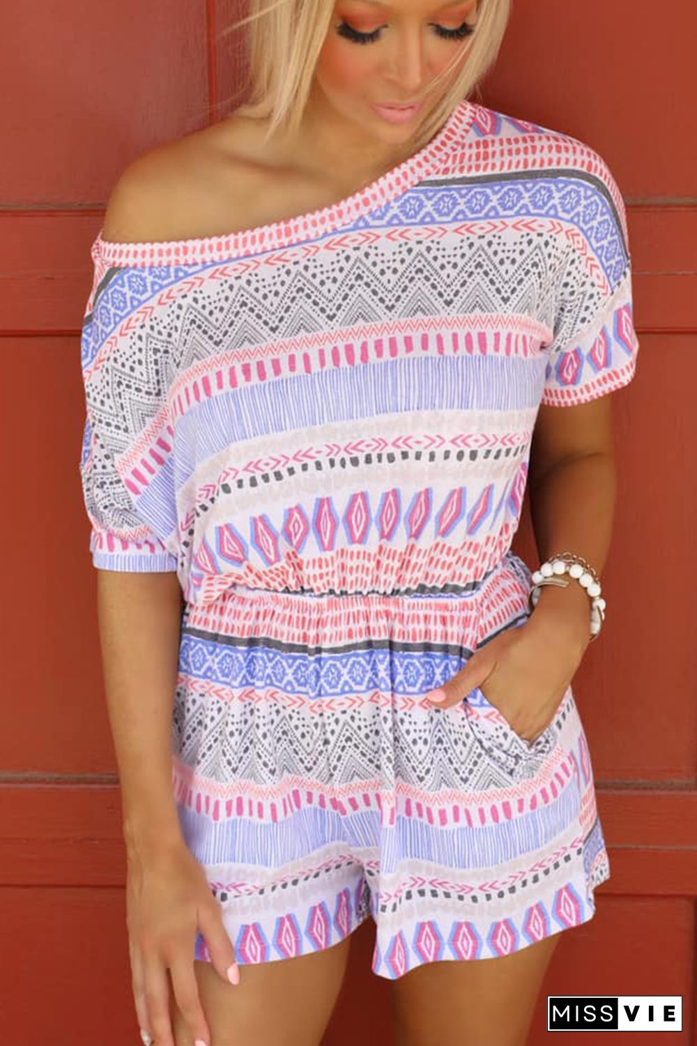 Multicolor Aztec Print Short Sleeve Romper