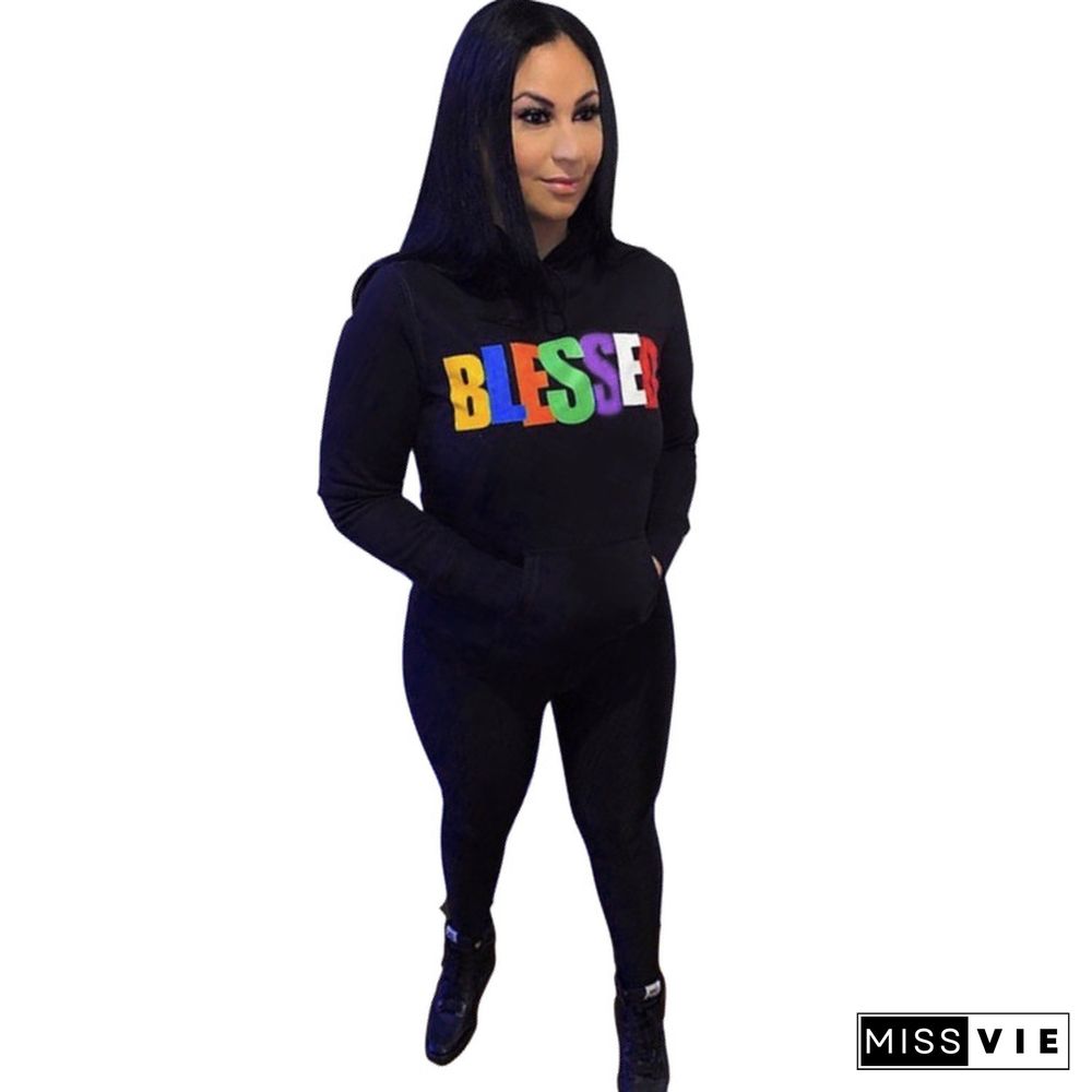 Fleece Tracksuits Letter Print Hooded Pants Set